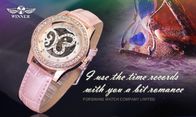 Montre-bracelet mécanique de vent de main de mode de rose de cuir des montres-bracelet des femmes analogues de grand visage