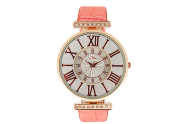 Mouvements ronds de montre de quartz de caisse en métal de montres de bracelet en cuir de Madame Pink