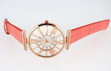 Mouvements ronds de montre de quartz de caisse en métal de montres de bracelet en cuir de Madame Pink