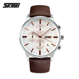 Caisse argentée de montre-bracelet en cuir d'acier inoxydable de Brown grande pour le mâle